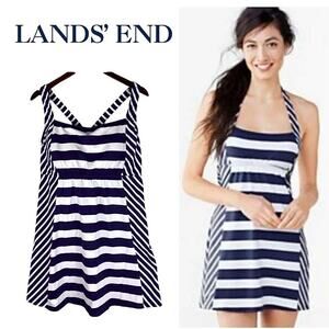 Lands' End Navy and White Striped Swim Dress